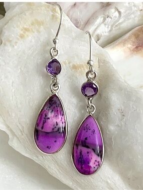 Mini Malibu Beach Scenic Dendritic Opal & Amethyst Sterling Silver Earrings